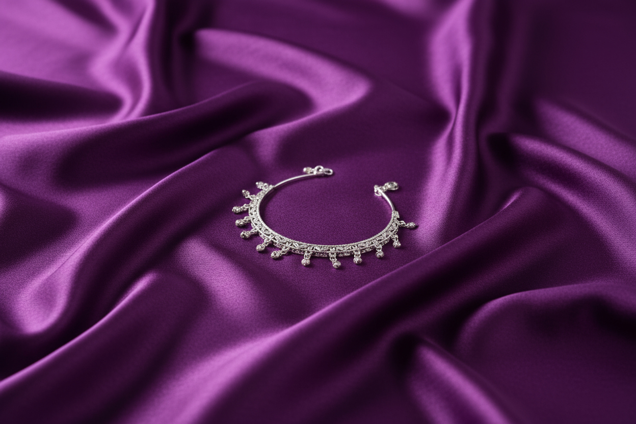 purple banner with silk cloth show casing silver anklet
